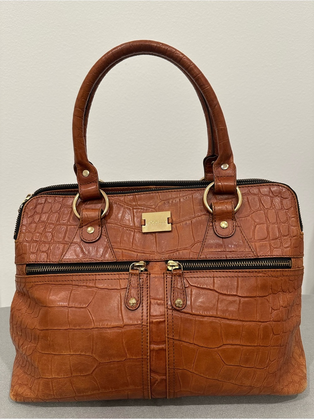 Modalu London Pippa Handbag - Tan Croc Embossed Leather Satchel with Crossbody